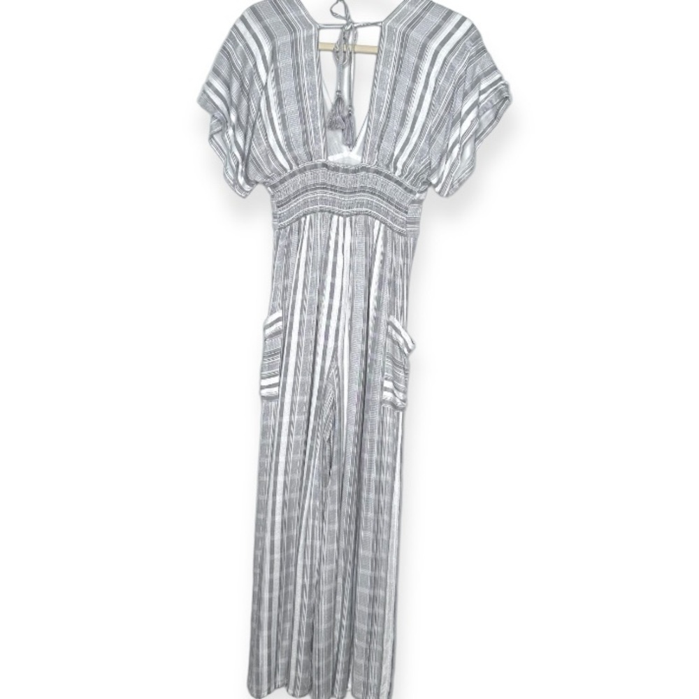 l*space Cream and Light Gray Striped V-Neck Jumpsuit - Picture 6 of 7